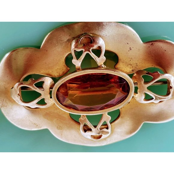 Antique Brass Gilt Large Brooch With Brown Glass Stone - Picture 6 of 8